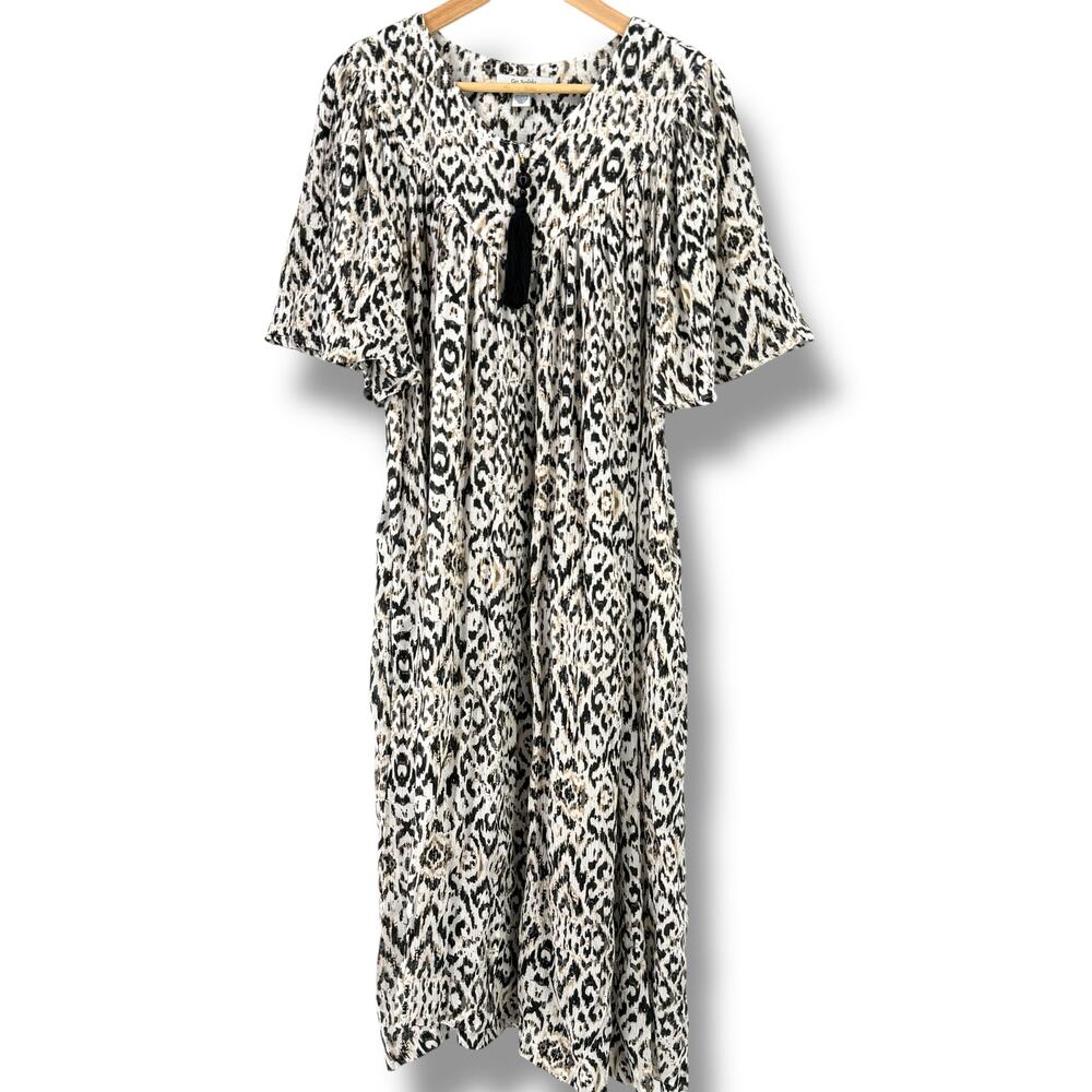 Go Softly Patio Dress Womens Size Medium Ikat Abstract Animal Print Gauze Mumu
